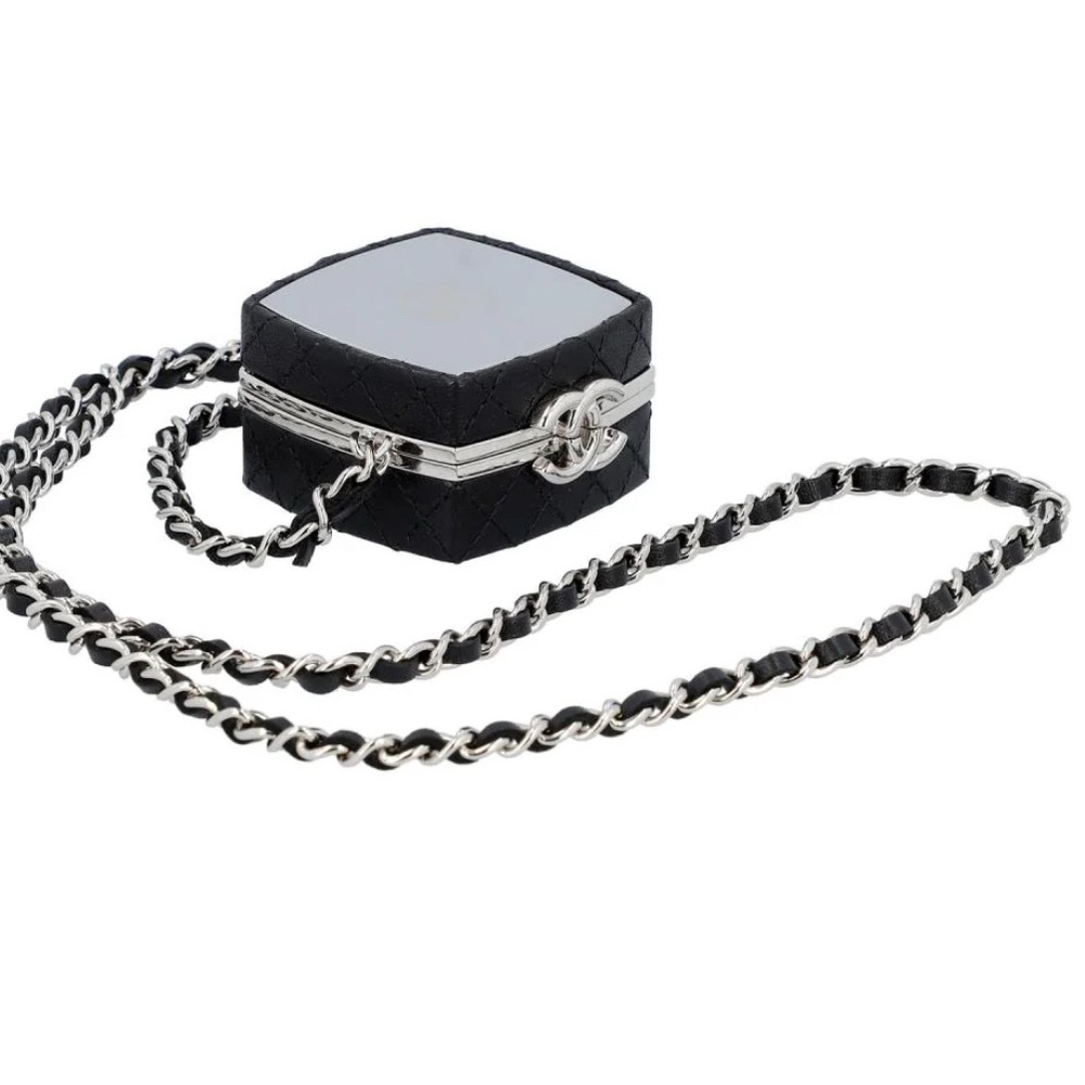 Authentic CHANEL Mini Mirrored Box Bag Black Quilted Chain with Silver Hardware